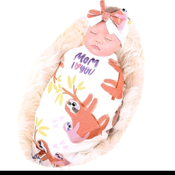 🦥SWADDLE RECEIVING BLANKET MATCHING HEAD BOW INFANT BABY NEWBORN NEW - Picture 2 of 4